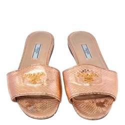 Pre Owned Prada Metallic Rose Gold Snakeskin Logo Slide Flats Size 37.5