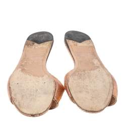 Pre Owned Prada Metallic Rose Gold Snakeskin Logo Slide Flats Size 37.5