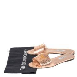 Pre Owned Prada Metallic Rose Gold Snakeskin Logo Slide Flats Size 37.5