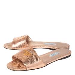 Pre Owned Prada Metallic Rose Gold Snakeskin Logo Slide Flats Size 37.5