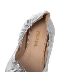 Pre Owned Prada Silver Leather Bow Scrunch Ballet Flats Size 40