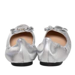 Pre Owned Prada Silver Leather Bow Scrunch Ballet Flats Size 40