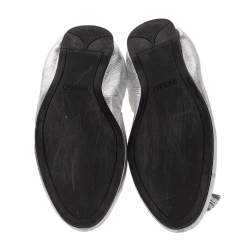 Pre Owned Prada Silver Leather Bow Scrunch Ballet Flats Size 40