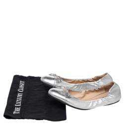 Pre Owned Prada Silver Leather Bow Scrunch Ballet Flats Size 40