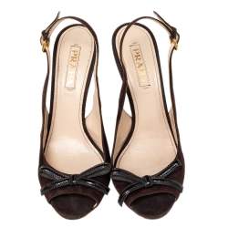 Pre Owned Prada Brown Suede Bow Peep Toe Slingback Sandals Size 40