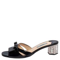 Pre Owned Prada Black Patent Leather Bow Slide Sandals Size 37.5