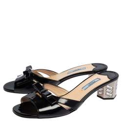 Pre Owned Prada Black Patent Leather Bow Slide Sandals Size 37.5