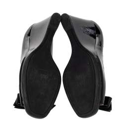 Pre Owned Prada Black Patent Leather Bow Wedge Peep-Toe Pumps Size 38.5