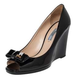 Pre Owned Prada Black Patent Leather Bow Wedge Peep-Toe Pumps Size 38.5