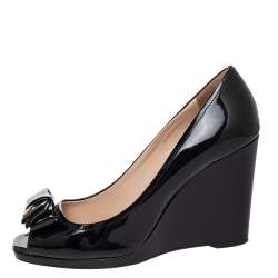Pre Owned Prada Black Patent Leather Bow Wedge Peep-Toe Pumps Size 38.5