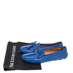 Pre Owned Prada Blue Leather Tassel Bow Slip On Loafers Size 37