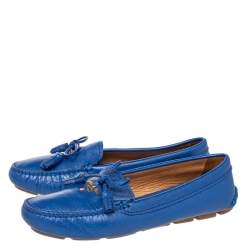 Pre Owned Prada Blue Leather Tassel Bow Slip On Loafers Size 37