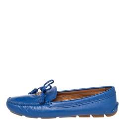 Pre Owned Prada Blue Leather Tassel Bow Slip On Loafers Size 37