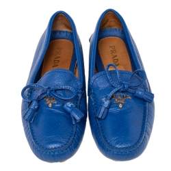 Pre Owned Prada Blue Leather Tassel Bow Slip On Loafers Size 37