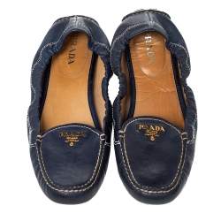Pre Owned Prada Blue Leather Scrunch Slip On Loafers Size 39.5