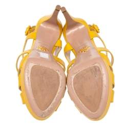 Pre Owned Prada Yellow Patent Saffiano Leather Criss Cross Ankle Strap Sandals Size 36
