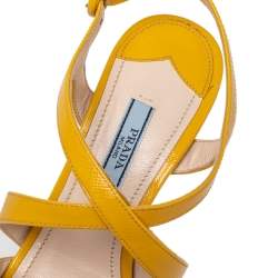 Pre Owned Prada Yellow Patent Saffiano Leather Criss Cross Ankle Strap Sandals Size 36
