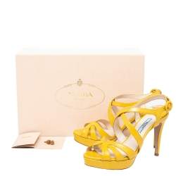 Pre Owned Prada Yellow Patent Saffiano Leather Criss Cross Ankle Strap Sandals Size 36