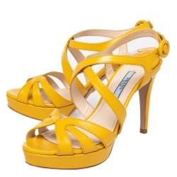 Pre Owned Prada Yellow Patent Saffiano Leather Criss Cross Ankle Strap Sandals Size 36