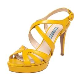 Pre Owned Prada Yellow Patent Saffiano Leather Criss Cross Ankle Strap Sandals Size 36