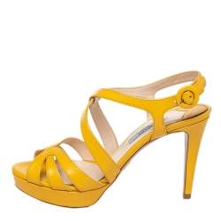 Pre Owned Prada Yellow Patent Saffiano Leather Criss Cross Ankle Strap Sandals Size 36