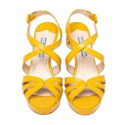 Pre Owned Prada Yellow Patent Saffiano Leather Criss Cross Ankle Strap Sandals Size 36