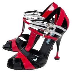 Pre Owned Prada Tri Color Patent Leather and Snakeskin Strappy Sandals Size 37.5