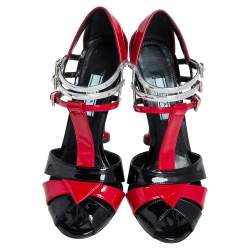 Pre Owned Prada Tri Color Patent Leather and Snakeskin Strappy Sandals Size 37.5