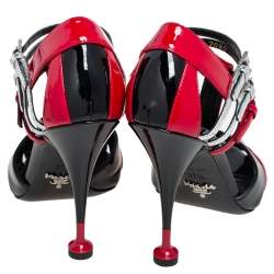 Pre Owned Prada Tri Color Patent Leather and Snakeskin Strappy Sandals Size 37.5
