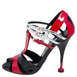 Pre Owned Prada Tri Color Patent Leather and Snakeskin Strappy Sandals Size 37.5