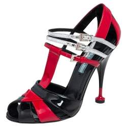 Pre Owned Prada Tri Color Patent Leather and Snakeskin Strappy Sandals Size 37.5