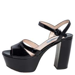 Pre Owned Prada Black Patent Leather Ankle Strap Block Heel Platform Sandals Size 38.5