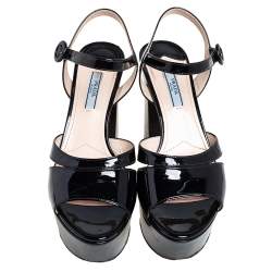 Pre Owned Prada Black Patent Leather Ankle Strap Block Heel Platform Sandals Size 38.5