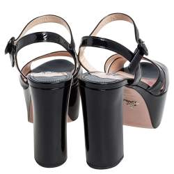 Pre Owned Prada Black Patent Leather Ankle Strap Block Heel Platform Sandals Size 38.5