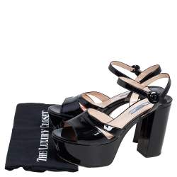 Pre Owned Prada Black Patent Leather Ankle Strap Block Heel Platform Sandals Size 38.5