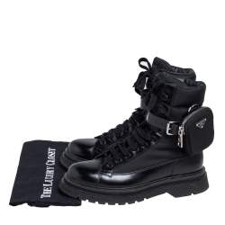 Pre Owned Prada Black Leather and Nylon Monolith Ankle Boots Size FR 39.5