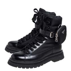 Pre Owned Prada Black Leather and Nylon Monolith Ankle Boots Size FR 39.5