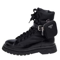 Pre Owned Prada Black Leather and Nylon Monolith Ankle Boots Size FR 39.5