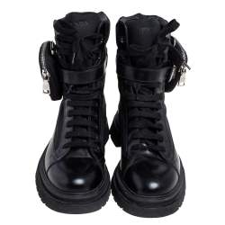 Pre Owned Prada Black Leather and Nylon Monolith Ankle Boots Size FR 39.5