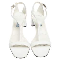 Pre Owned Prada White Leather T Strap Block Heel Sandals Size 38.5