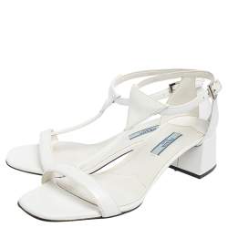 Pre Owned Prada White Leather T Strap Block Heel Sandals Size 38.5