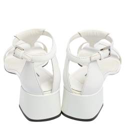 Pre Owned Prada White Leather T Strap Block Heel Sandals Size 38.5