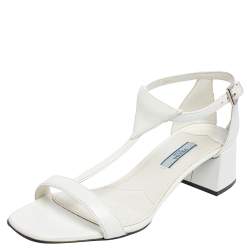 Pre Owned Prada White Leather T Strap Block Heel Sandals Size 38.5