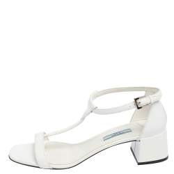 Pre Owned Prada White Leather T Strap Block Heel Sandals Size 38.5