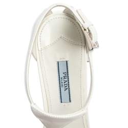 Pre Owned Prada White Leather T Strap Block Heel Sandals Size 38.5