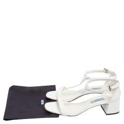 Pre Owned Prada White Leather T Strap Block Heel Sandals Size 38.5