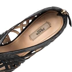 Pre Owned Prada Black Leather Peep Toe Ankle Strappy Zipper Booties Size 39.5