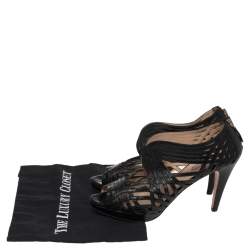 Pre Owned Prada Black Leather Peep Toe Ankle Strappy Zipper Booties Size 39.5