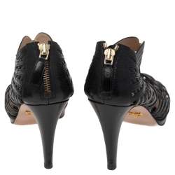 Pre Owned Prada Black Leather Peep Toe Ankle Strappy Zipper Booties Size 39.5