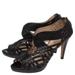 Pre Owned Prada Black Leather Peep Toe Ankle Strappy Zipper Booties Size 39.5